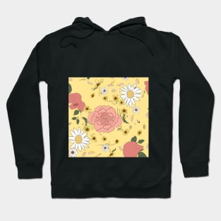 Delicate Hand-Sketched Flowers: Vintage Wallpaper with Daisies and Roses on Yellow. Hoodie